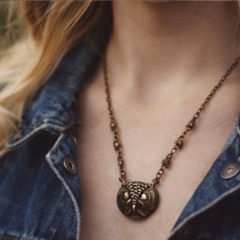 Vintage Brass Owl Pendant Necklace Artisan Metal Cottagecore Woodland Boho